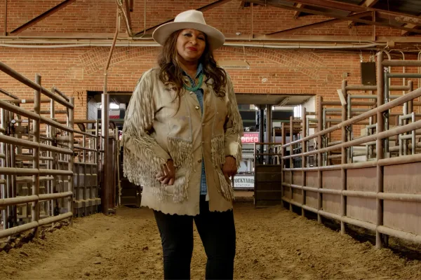 Pam Grier in a fringed jacket at the Fort Worth Stockyards