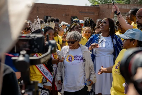 Opal Lee surrounded by supporters during Opal's Walk for Freedom
