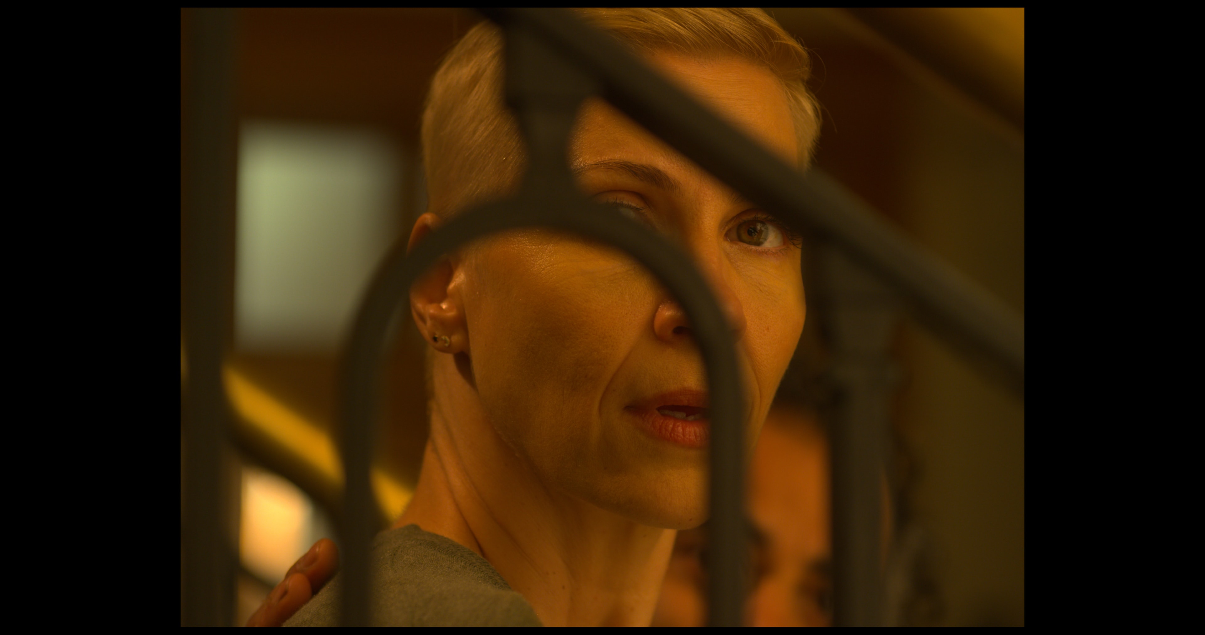 Kiersten seen through staircase bars in dramatic close-up