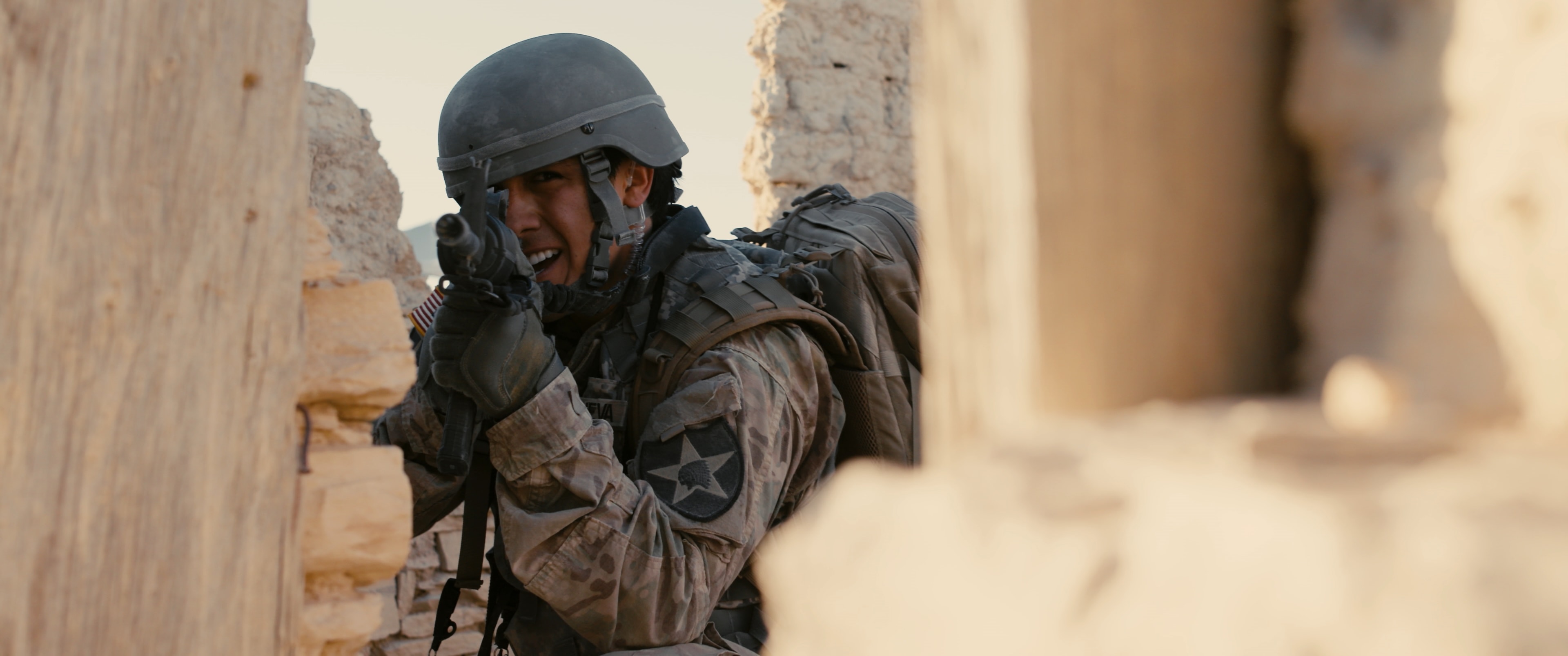 ASW soldier taking cover in ruins — cinematic still
